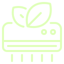 ציור בקו ירוק בהיר של מזגן עם שני עלים מעליו, המסמל קירור ידידותי לסביבה או חסכוני באנרגיה.