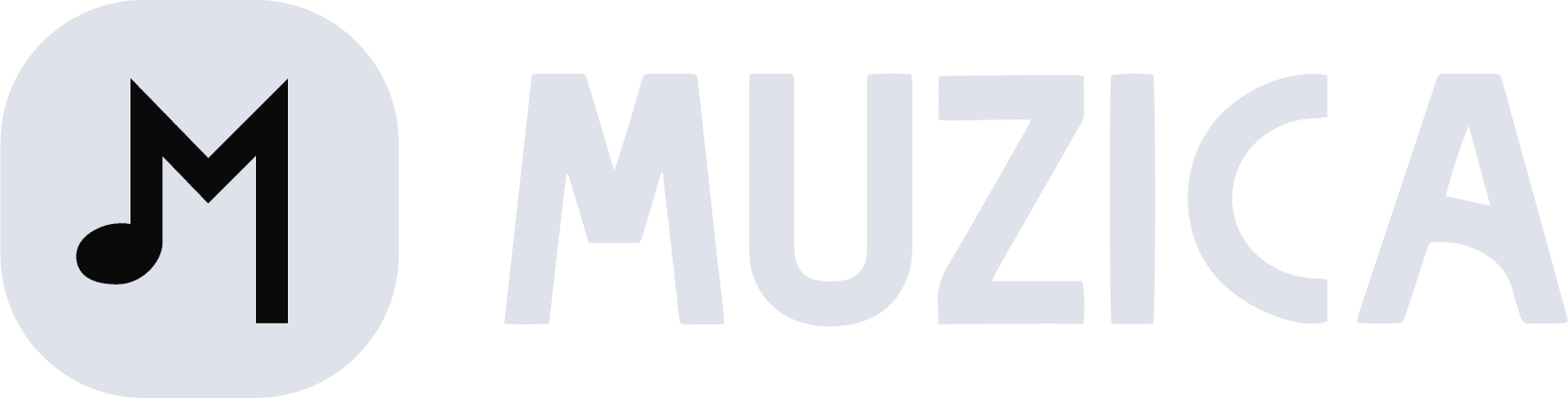 לוגו של "Muzica" עם האות 'M' שחורה מסוגננת המשלבת תו מוזיקלי, לצד המילה "MUZICA" באותיות גדולות בצבע אפור בהיר.