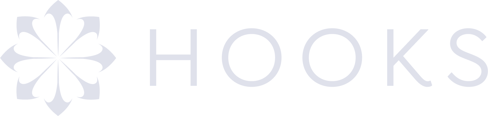 לוגו אפור בהיר עם עיצוב סימטרי של שש צורות לב היוצרות פרח, לצד המילה "HOOKS" באותיות גדולות ודקות.