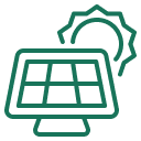 סמל ירוק של פאנל סולארי מול השמש, המייצג אנרגיה סולארית או מקורות אנרגיה מתחדשים.