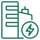 ציור בקו ירוק של בניין עם סמל עגול המציג ברק, המייצג את השימוש בחשמל או באנרגיה בבניינים.